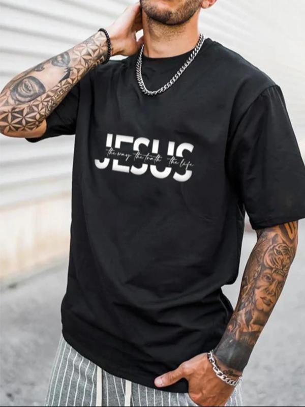 Men' Letter Print Round Neck Tee, Regular Fit Casual Fashion Short Sleeve T-shirt for Summer, Men's Top for Daily Wear...