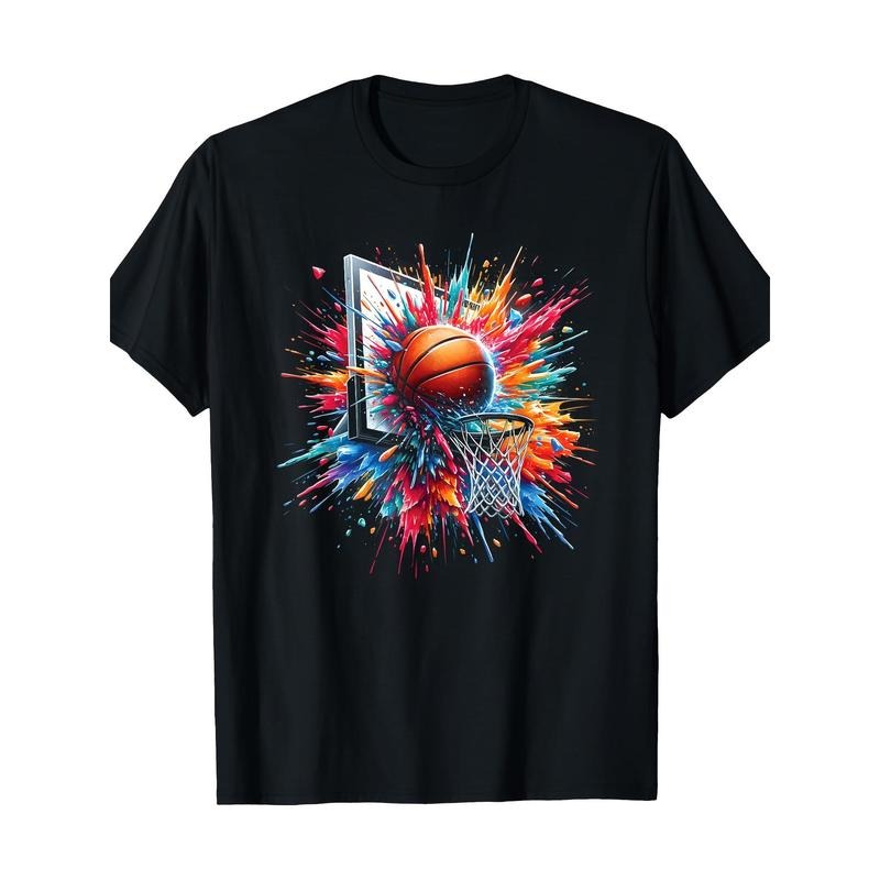 Men'S Basketball Splash Graphic T-Shirt - 100% Cotton, Casual Crew Neck, All-Season Loose Fit with Slight Stretch, Knit...