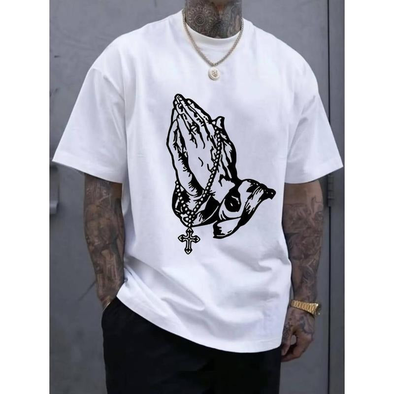 Men'S Casual Cotton Crew Neck T-Shirt with Unique Pray Print