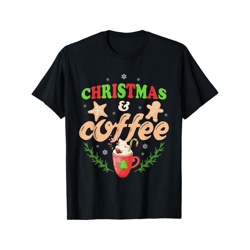 Men'S Christmas& Coffee Graphic T-Shirt, 100% Cotton, Casual Crew Neck, Short Sleeve, Regular Fit, with Slight Stretch,...