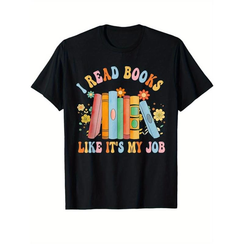 Men'S Cotton T-Shirt with "I Read Books Like It'S My Job" Print, Geometric Book and Flower Pattern, Casual Round Neck...