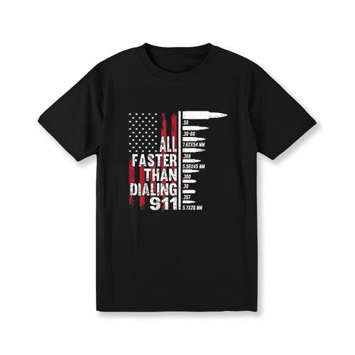 Men's "All Faster Than Dialing 911" Graphic T-Shirt - Patriotic American Flag Design, 100% Cotton, Crew Neck, Short...