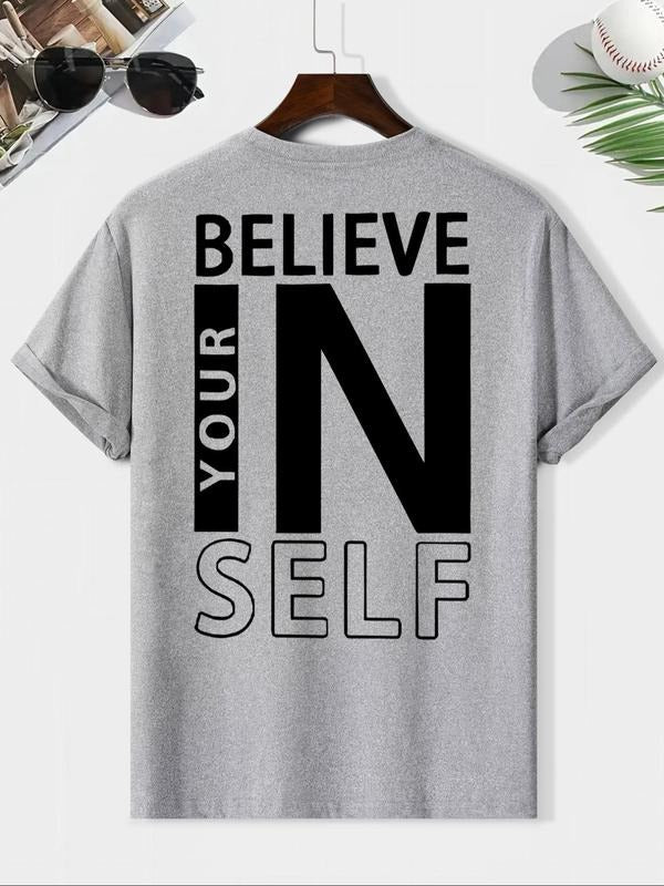 Men's "Believe in Yourself" Slogan Print Round Neck Tee, Loose Casual Short Sleeve Crew Neck T-Shirt for Summer, Fashion...