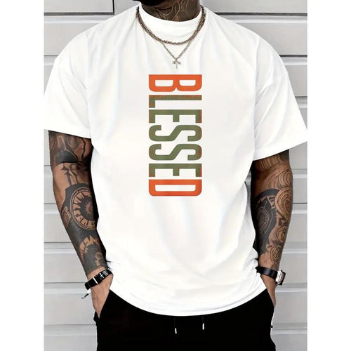 Men's "Blessing" pattern cotton T-shirt - casual and comfortable, short sleeves, crew neck, suitable for daily wear and...
