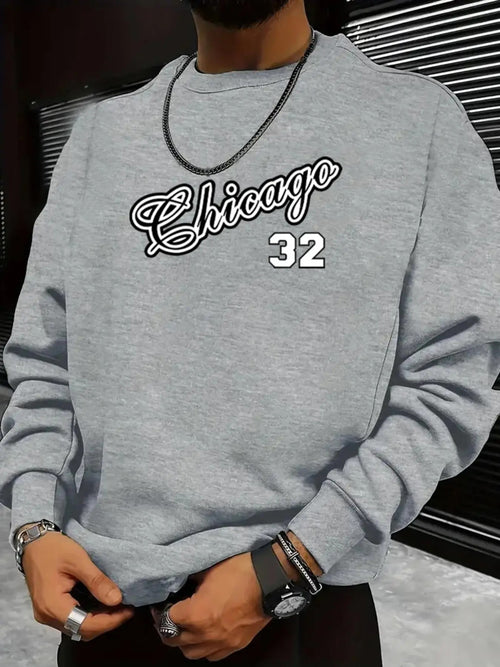 Men's "Chicago 32" Letter & Number Print Drop Shoulder Sweatshirt, Regular Fit Casual Soft Comfy Long Sleeve Round Neck...