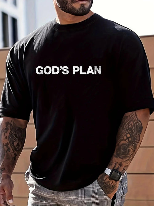 Men's "God's Plan" Letter Print Round Neck Tee, Summer Clothes, Regular Fit Casual Soft Comfy Short Sleeve T-Shirt for...