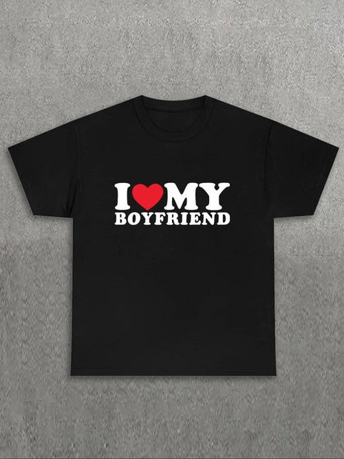 Men's "I Love My Boyfriend" Print Round Neck Tee, Regular Fit Casual Short Sleeve T-shirt, T Shirts for Men, Graphic...
