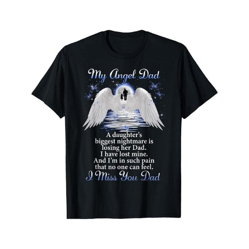 Men's "My Angel Dad, I Miss You" Memorial Day T-Shirt - Black Cotton, Casual Crew Neck, Winged Silhouette Graphic with...