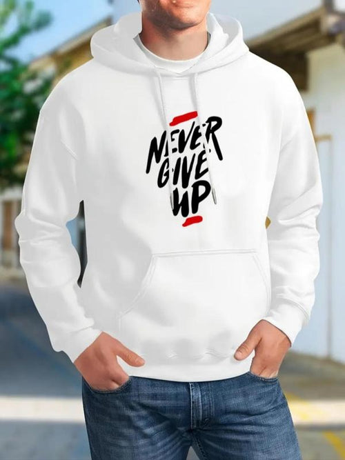 Men's "NEVER GIVE UP" Letter Print Drop Shoulder Hoodie, Fashion Casual Regular Fit Drawstring Pocket Hooded Sweatshirt...