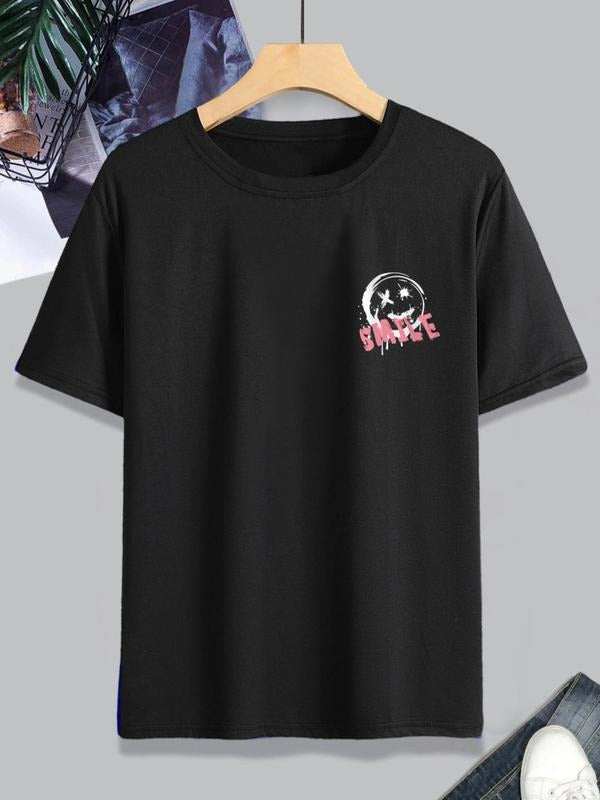 Men's "Smile" Graphic Print Round Neck Tee Summer Clothes, Regular Fit Short Sleeve Crew Neck T-Shirt, Casual Summer Top...