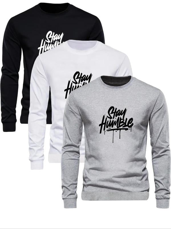 Men's "Stay Humble" Letter Print Round Neck Sweatshirt, Regular Fit Casual Long Sleeve Crew Neck Pullover for Fall &...