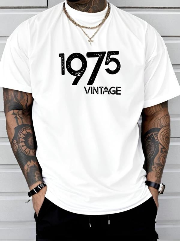Men's 1975 Year Birthday Year Print Round Neck Tee, Regular Fit Casual Short Sleeve Crew Neck T-Shirt for Daily Wear,...