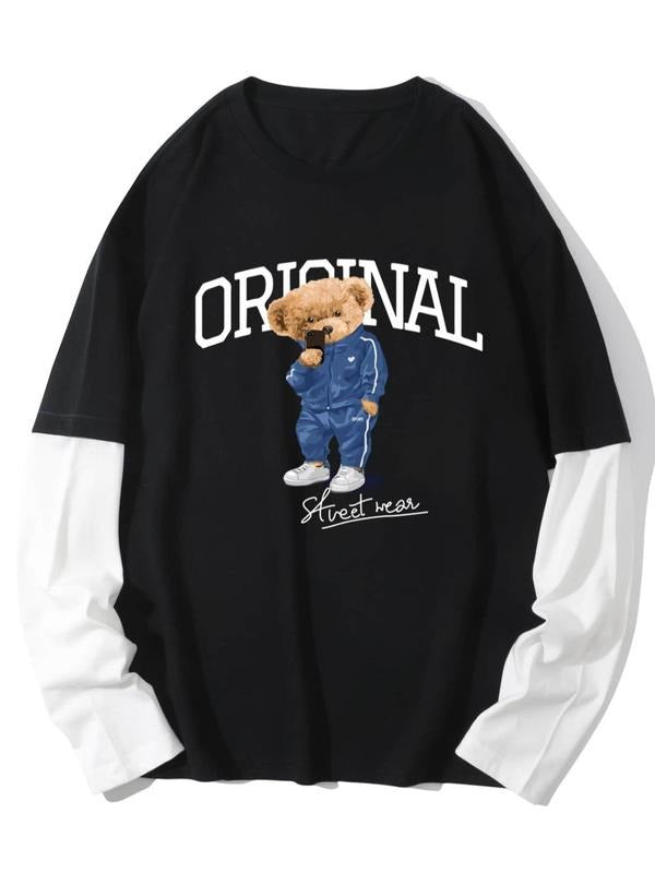 Men's 2 In 1 Cartoon Bear & Letter Print Drop Shoulder Tee, Casual Comfy Regular Fit Round Neck Long Sleeve T-Shirt For...