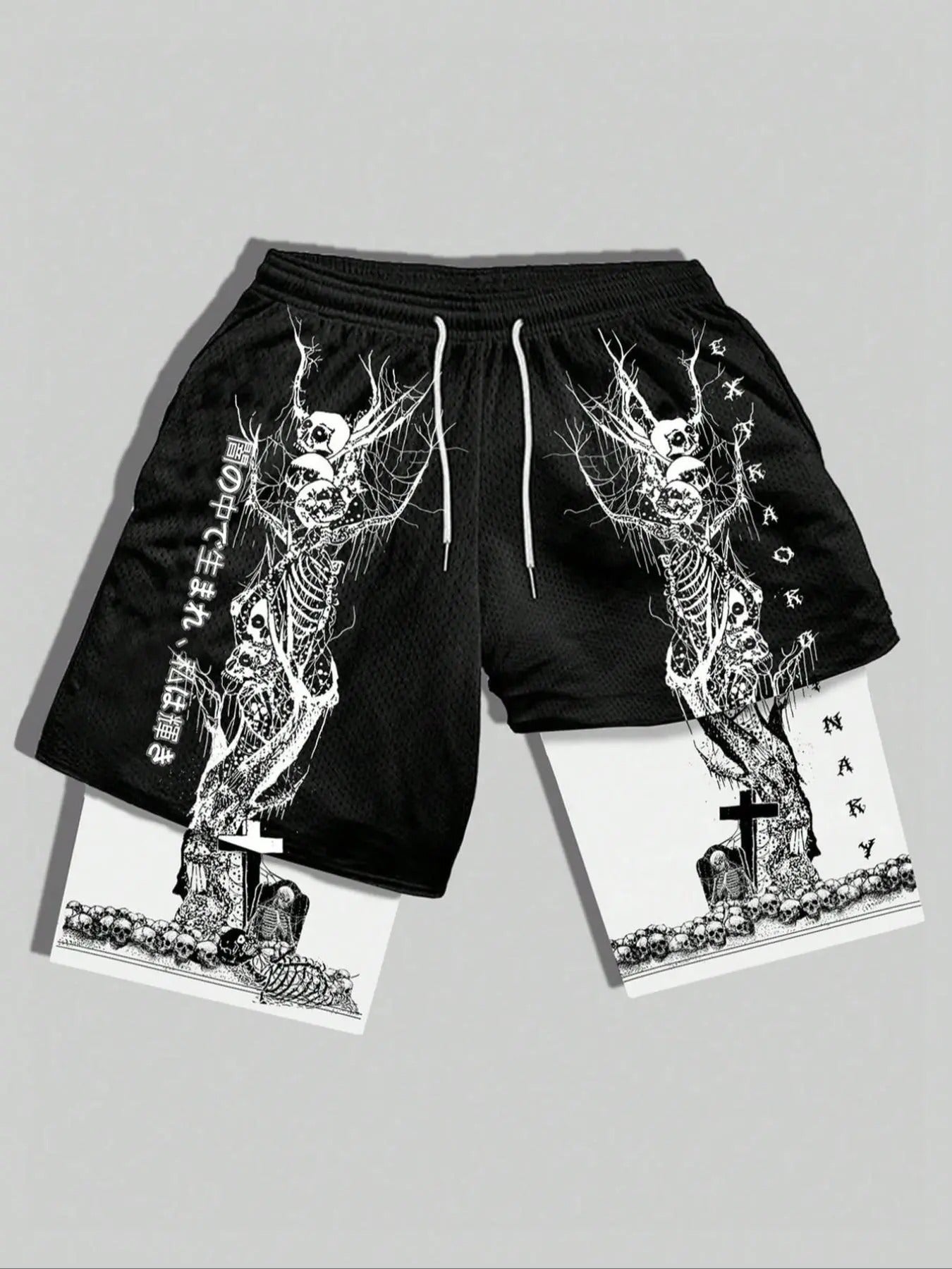 Men's 2 in 1 Letter & Skeleton Print Drawstring Waist Shorts, Regular Fit Casual Breathable Pocket Track Shorts for Summer, Fashion Men's Bottoms for Daily Wear