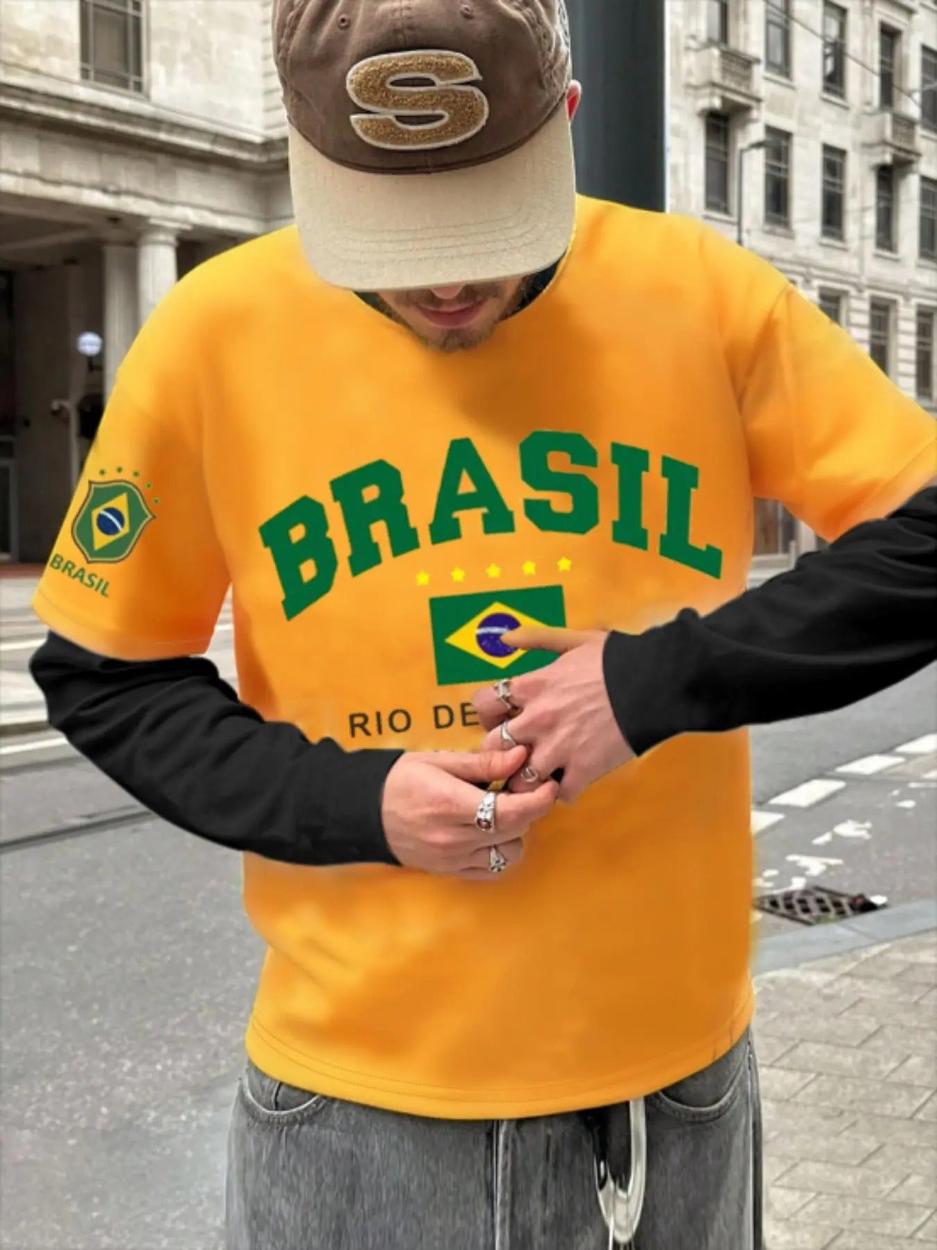 Men's 2 in 1 Letter Print Round Neck Tee, Regular Fit Casual Street Long Sleeve T-shirt for Daily Wear, Men's Top for All...