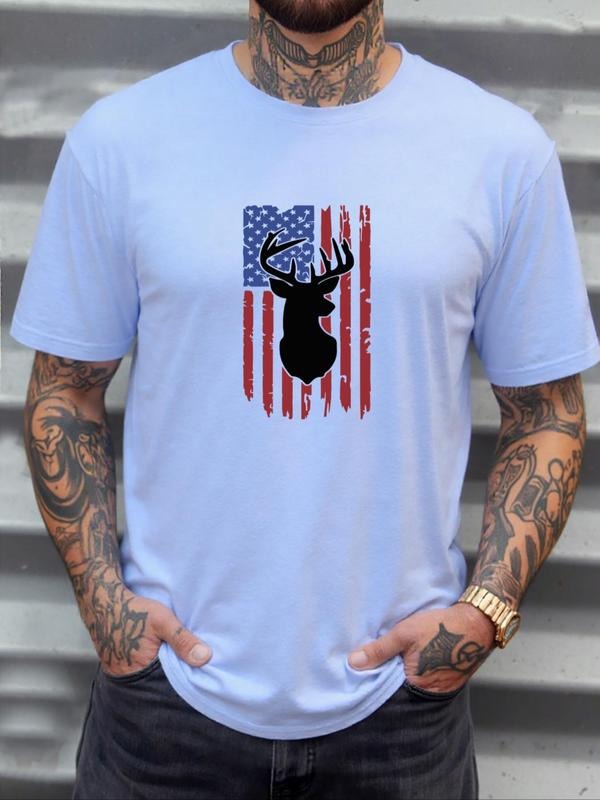 Men's American Flag & Deer Head Print Round Neck Tee, Regular Fit Casual Short Sleeve Crew Neck T-Shirt for Daily Wear,...