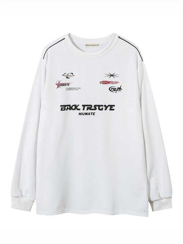 Men's American Retro Design Colorblock Print Sweatshirt, Trendy Fashion Casual Long Sleeve T-Shirt, Versatile Streetwear...