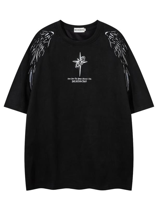 Men's American Retro Style Letter & Wing Embroidery Round Neck Tee, Loose Street Fashion Casual Comfy Half Sleeve T-shirt...