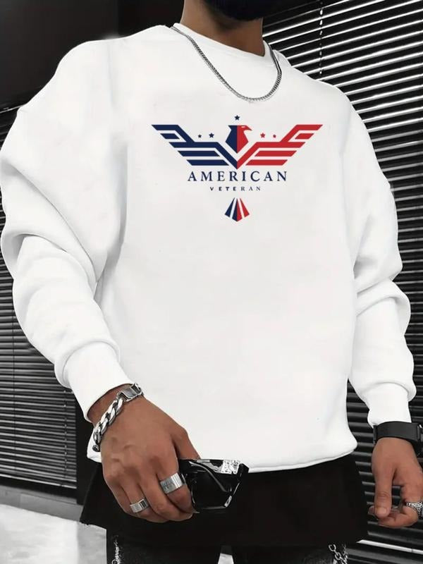 Men's American Veteran Letter Print Drop Shoulder Sweatshirt, Regular Fit Casual Long Sleeve Round Neck Pullover for...