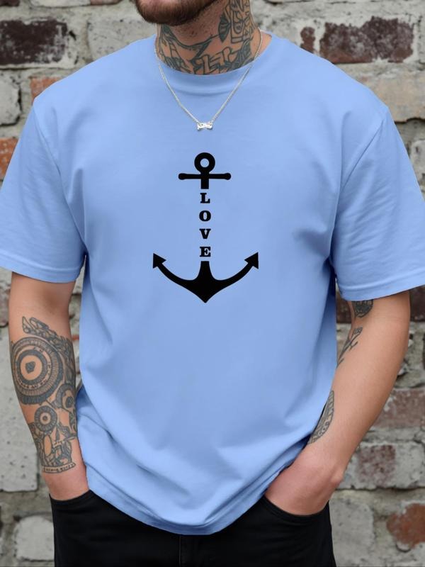 Men's Anchor & Letter Print Round Neck Tee, Regular Fit Casual Short Sleeve Crew Neck T-Shirt for Daily Wear, Men's Top...