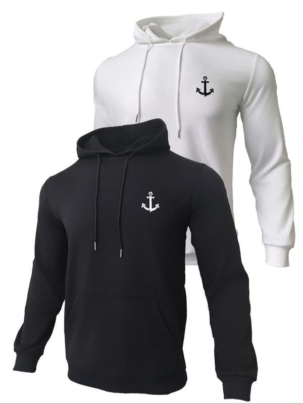 Men's Anchor Print Drawstring Hoodie, Regular Fit Casual Long Sleeve Hooded Sweatshirt, Men's Fall & Winter Clothes T-Shirts