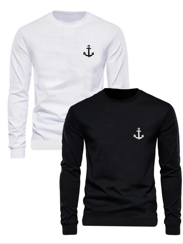 Men's Anchor Print Round Neck Sweatshirt, Regular Fit Casual Long Sleeve Pullover for Fall & Winter, Men's Clothes for...