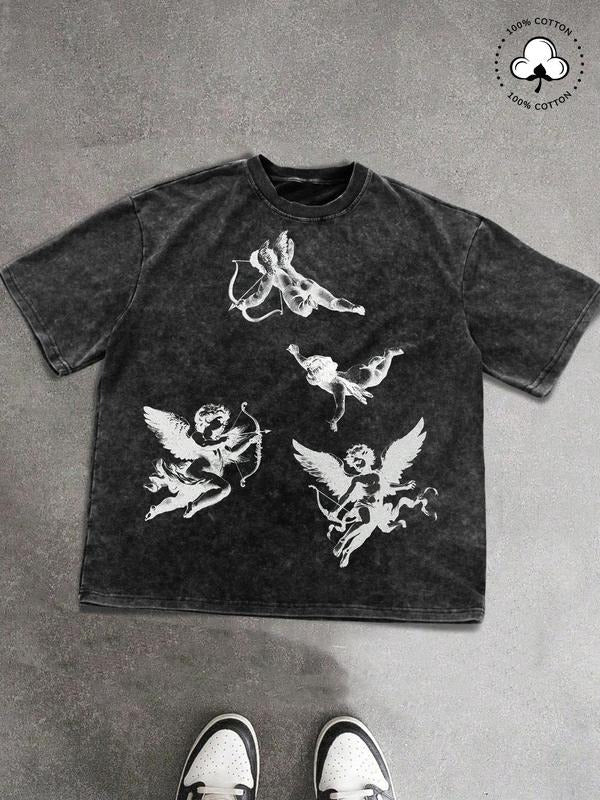 Men's Angel Print Wash T-shirt, Regular Fit Casual Short Sleeve Round Neck Tee for Daily Wear, Men's Top for Summer,...