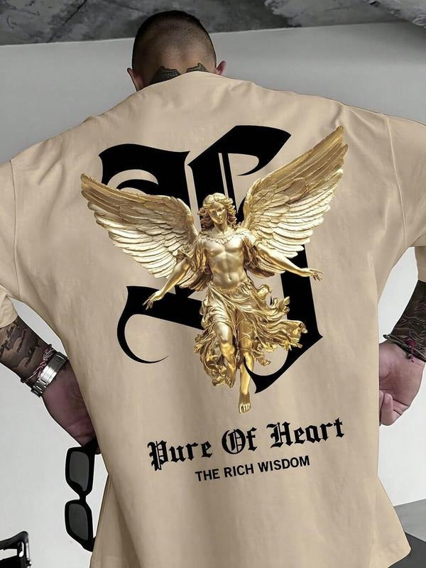 Men's Angel Wings & Letter Print Short Sleeve Tee, Regular Fit Casual Street Round Neck T-shirt for Daily Wear, Men's Top...
