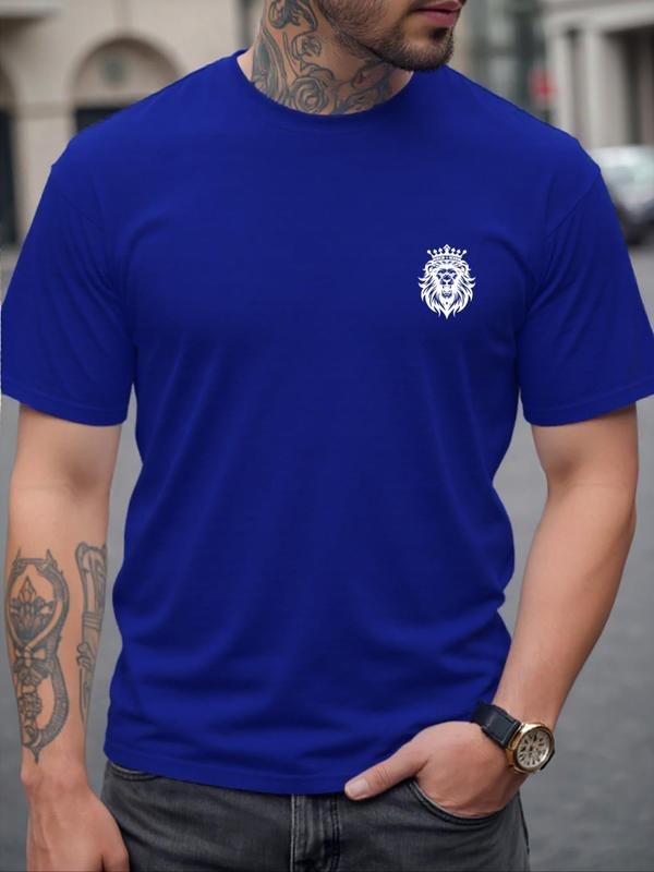 Men's Animal & Crown Print Round Neck Tee, Regular Fit Casual Short Sleeve Crew Neck T-shirt for Daily Wear, Men's Top...
