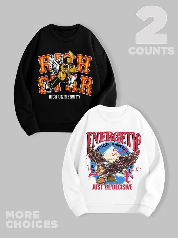 Men's Animal & Letter Print Drop Shoulder Sweatshirt, Regular Fit Casual Soft Comfy Long Sleeve Round Neck Pullover for...