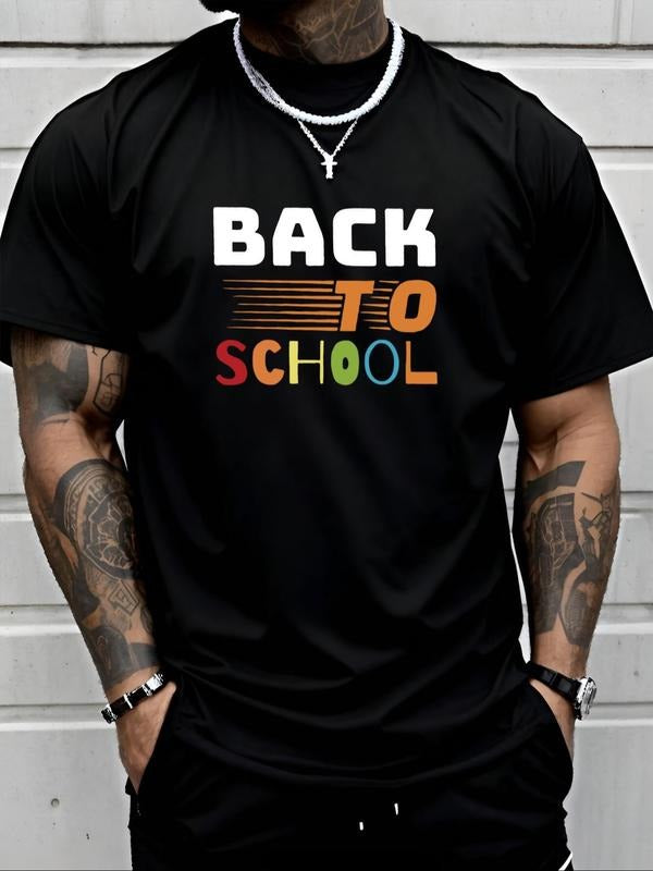 Men's Back To School Letter Print Round Neck Tee, Regular Fit Casual Short Sleeve Crew Neck T-Shirt for Daily Wear, Men's...