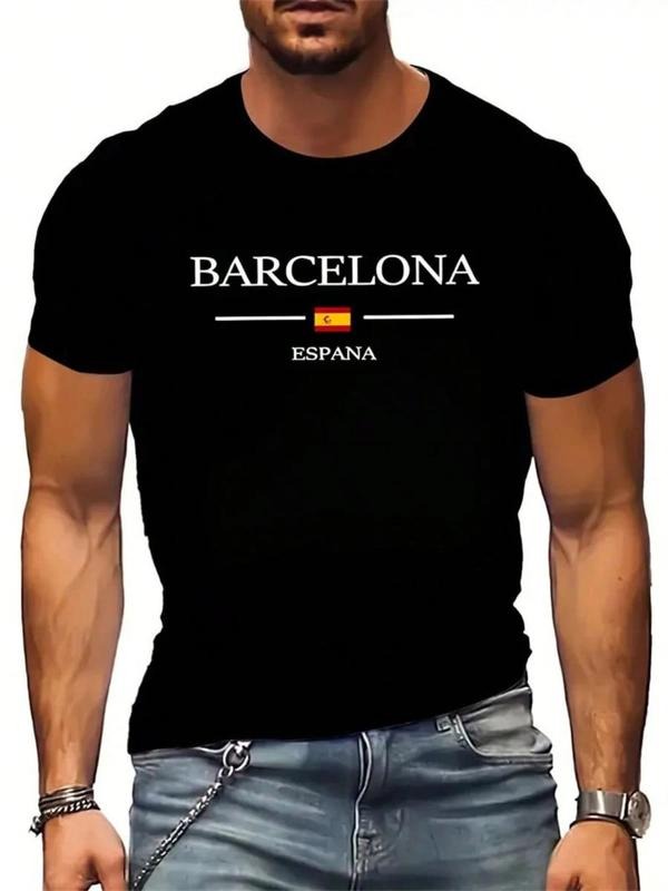 Men's Barcelona Letter Print Round Neck Tee, Regular Fit Casual Short Sleeve Crew Neck T-Shirt for Daily Wear, Men's Top...