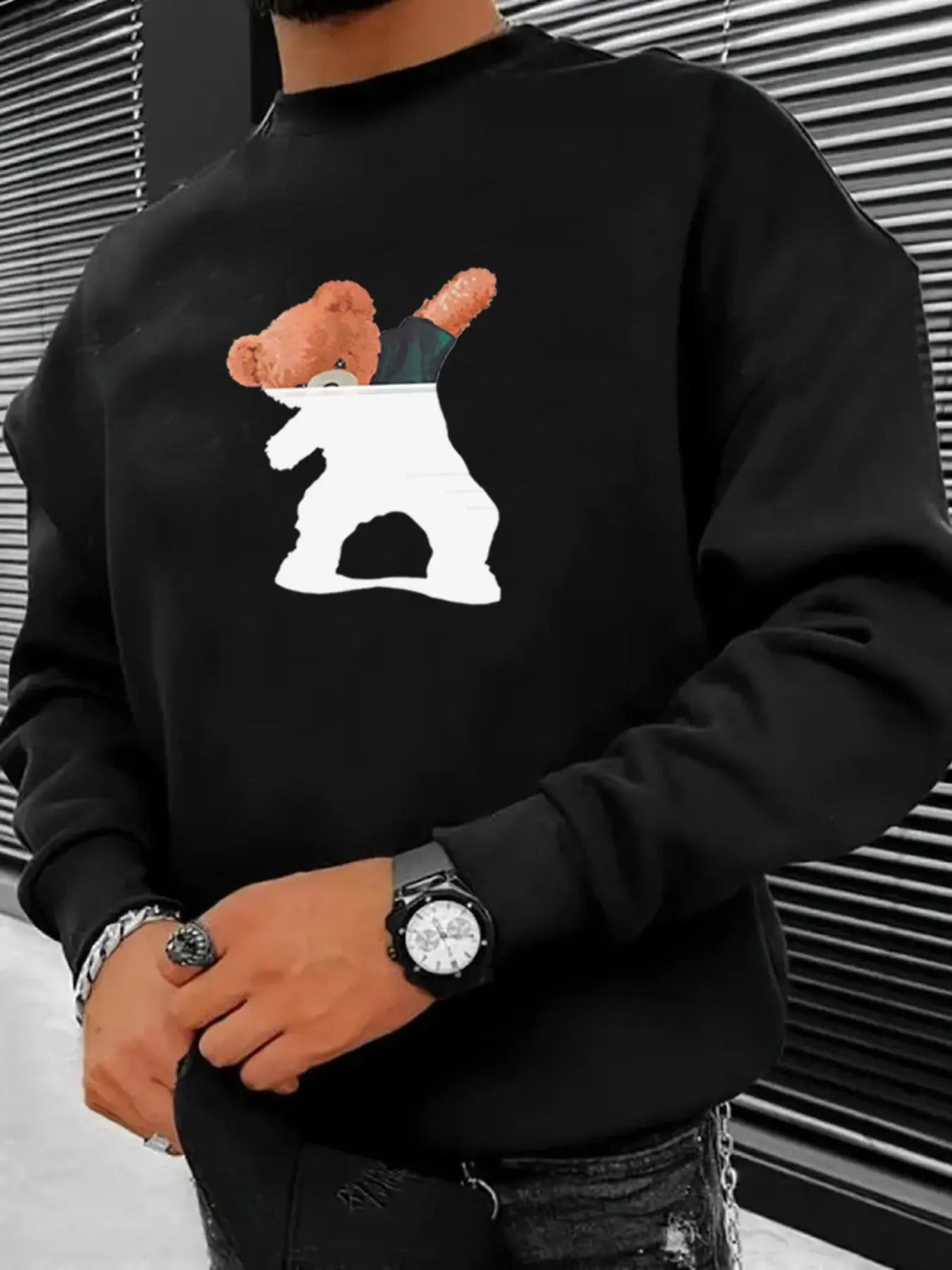 Men's Bear Print Drop Shoulder Sweatshirt, Regular Fit Casual Long Sleeve Round Neck Pullover for Daily Wear, Men's Top...