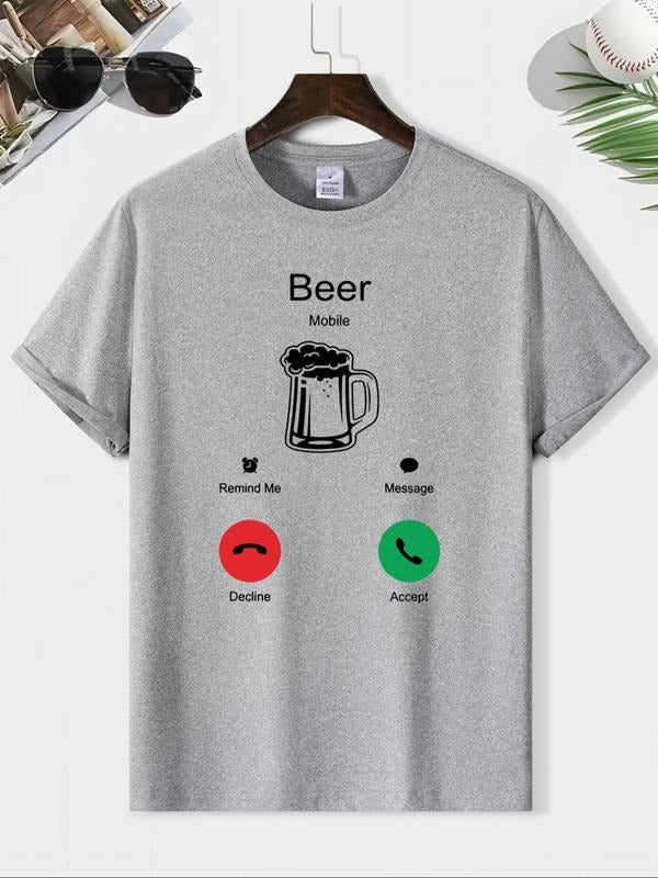 Men's Beer Print Short Sleeve Graphic Tee, Casual Loose Round Neck T-shirt for Summer, Men's Top for Daily Wear Hoodie,...