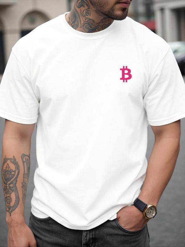 Men's Bitcoin Network Currency Coin Icon Print Round Neck Tee, Regular Fit Casual Short Sleeve T-shirt, Men's Summer Top...