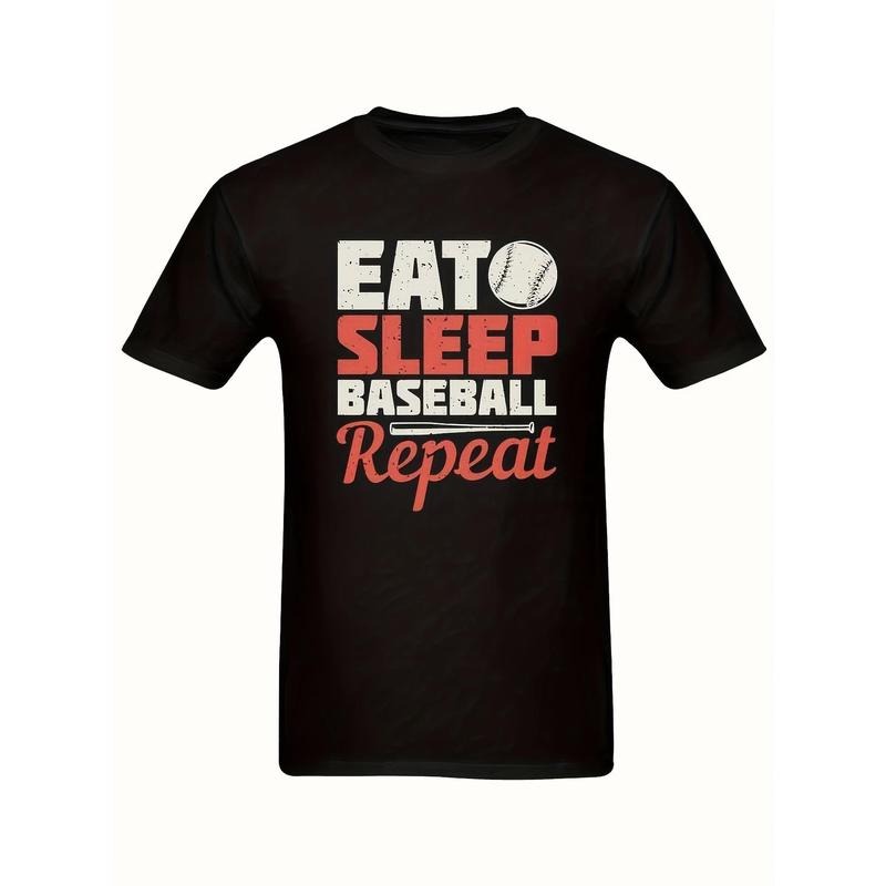 Men's Black Cotton Baseball T-shirt With 'Eat Sleep Baseball Repeat' Slogan And Baseball Icon