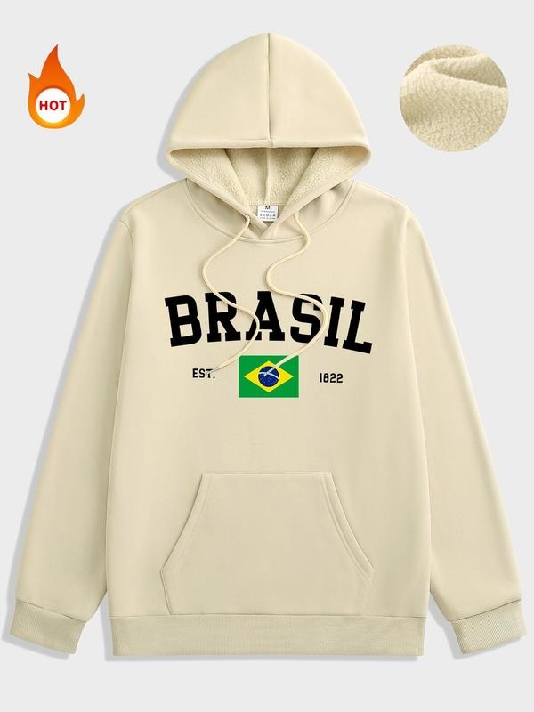 Men's Brazil Flag & Letter Print Drawstring Fleece Hoodie, Regular Fit Casual Pocket Long Sleeve Hooded Sweatshirt for...