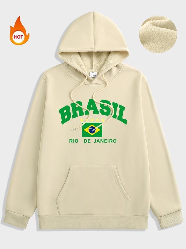 Men's Brazil Flag Print Drawstring Pocket Hoodie, Regular Fit Casual Long Sleeve Hooded Sweatshirt for Fall & Winter,...