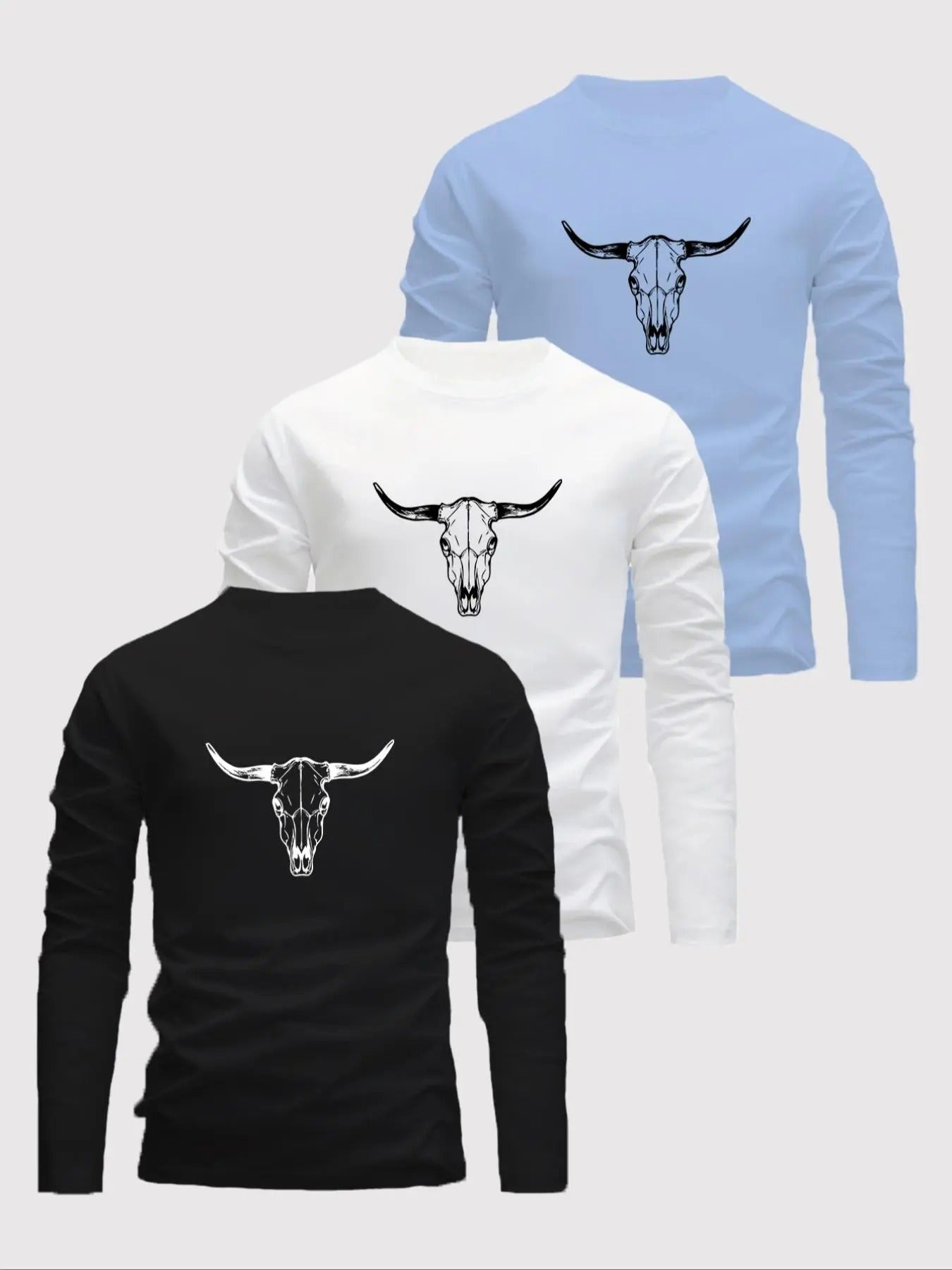Men's Bull Head Print Long Sleeve Tee, Casual Comfy Round Neck T-shirt for Outdoor Sports, Men's Top for Fall & Winter...