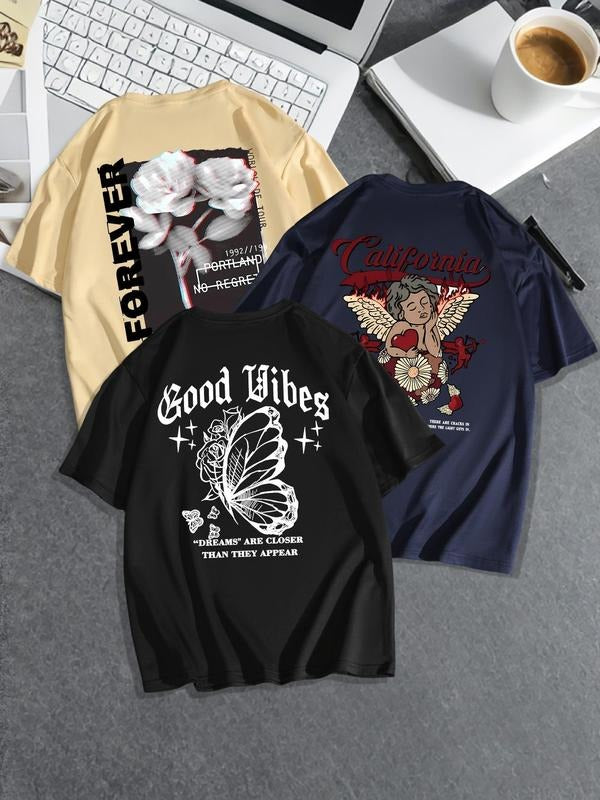 Men's Butterfly & Letter Print Short Sleeve Graphic Tee, Regular Fit Casual Round Neck T-shirt for Summer, Men's Top for...
