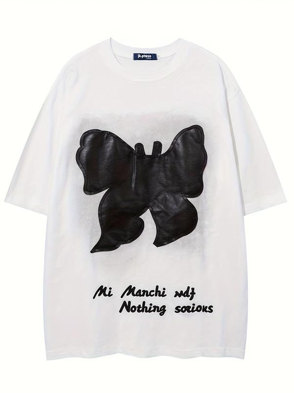 Men's Butterfly Patched Letter Embroidery Short Sleeve Graphic Tee, Loose Casual Fashion T-shirt for Summer, Men's Top...