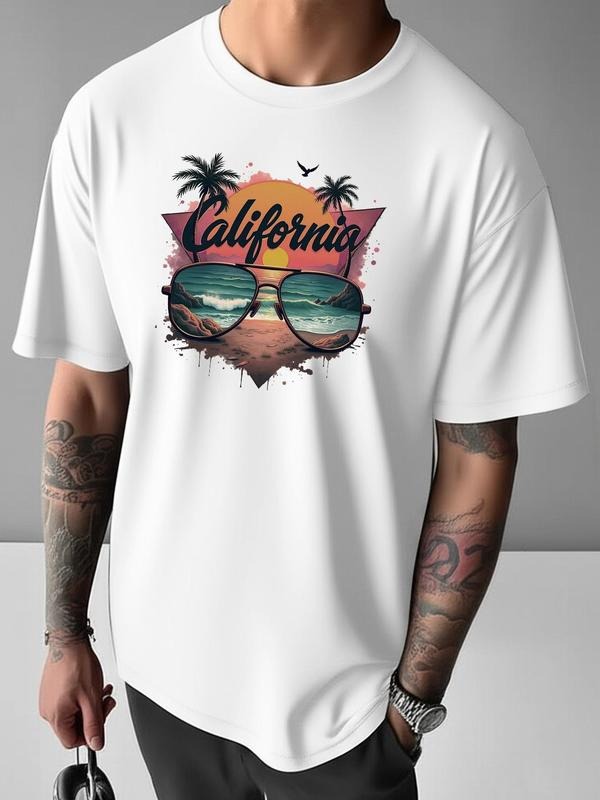 Men's California Letter & Beach Landscape Print Round Neck Tee, Regular Fit Casual Short Sleeve T-shirt for Spring &...