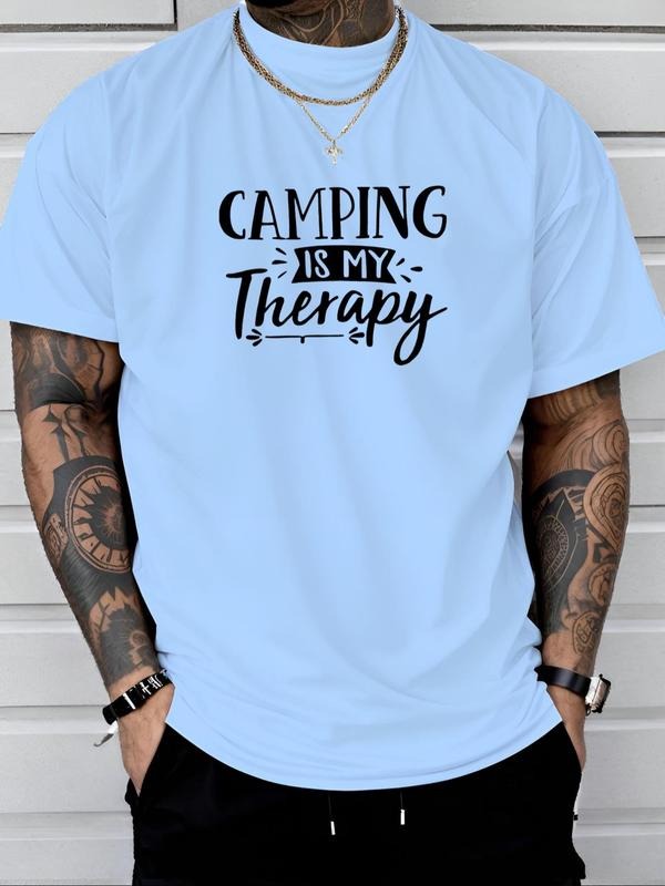 Men's Camping Is My Therapy Letter Print Round Neck Tee, Regular Fit Casual Short Sleeve Crew Neck T-Shirt for Daily...