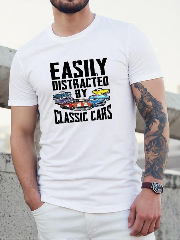 Men's Car & Letter Print Round Neck Tee, Casual Short Sleeve Crew Neck T-shirt for Daily Wear, Men's Top for All Seasons...