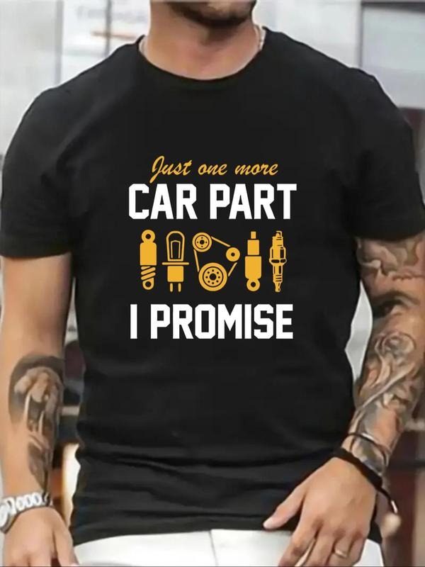 Men's Car Part & Letter Print Round Neck Tee, Regular Fit Casual Short Sleeve T-Shirt, Men's Summer Top for Daily Wear...