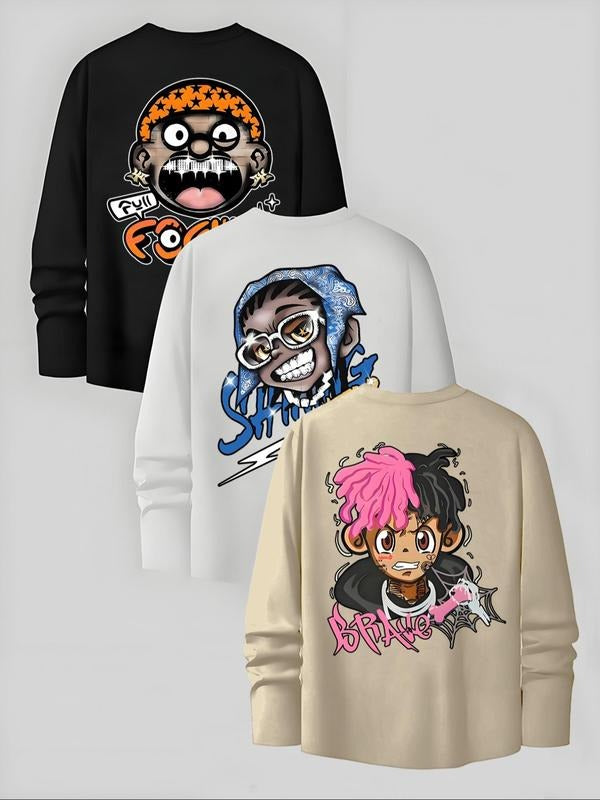 Men's Cartoon & Letter Print Long Sleeve Tee, Regular Fit Casual Round Neck T-shirt for Fall, Men's Top for Daily Wear...