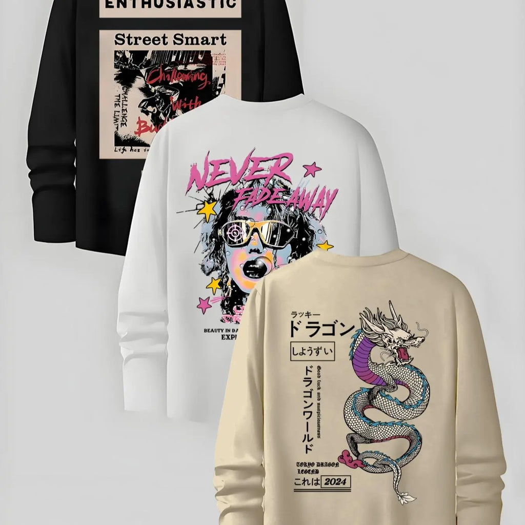 Men's Cartoon & Letter Print Round Neck  T-shirt, Regular Fit Casual Long Sleeve Pullover for Fall, Men's Top for Daily...
