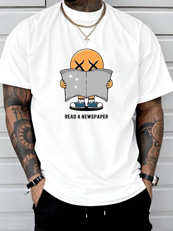 Men's Cartoon & Letter Print Round Neck Tee, Regular Fit Casual Short Sleeve Crew Neck T-Shirt for Daily Wear, Men's Top...
