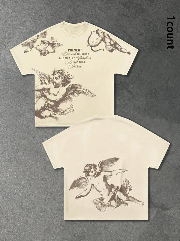 Men's Cartoon Angel Print Round Neck Tee, Regular Fit Casual Fashion Short Sleeve T-shirt for Summer, Men's Top for Daily...