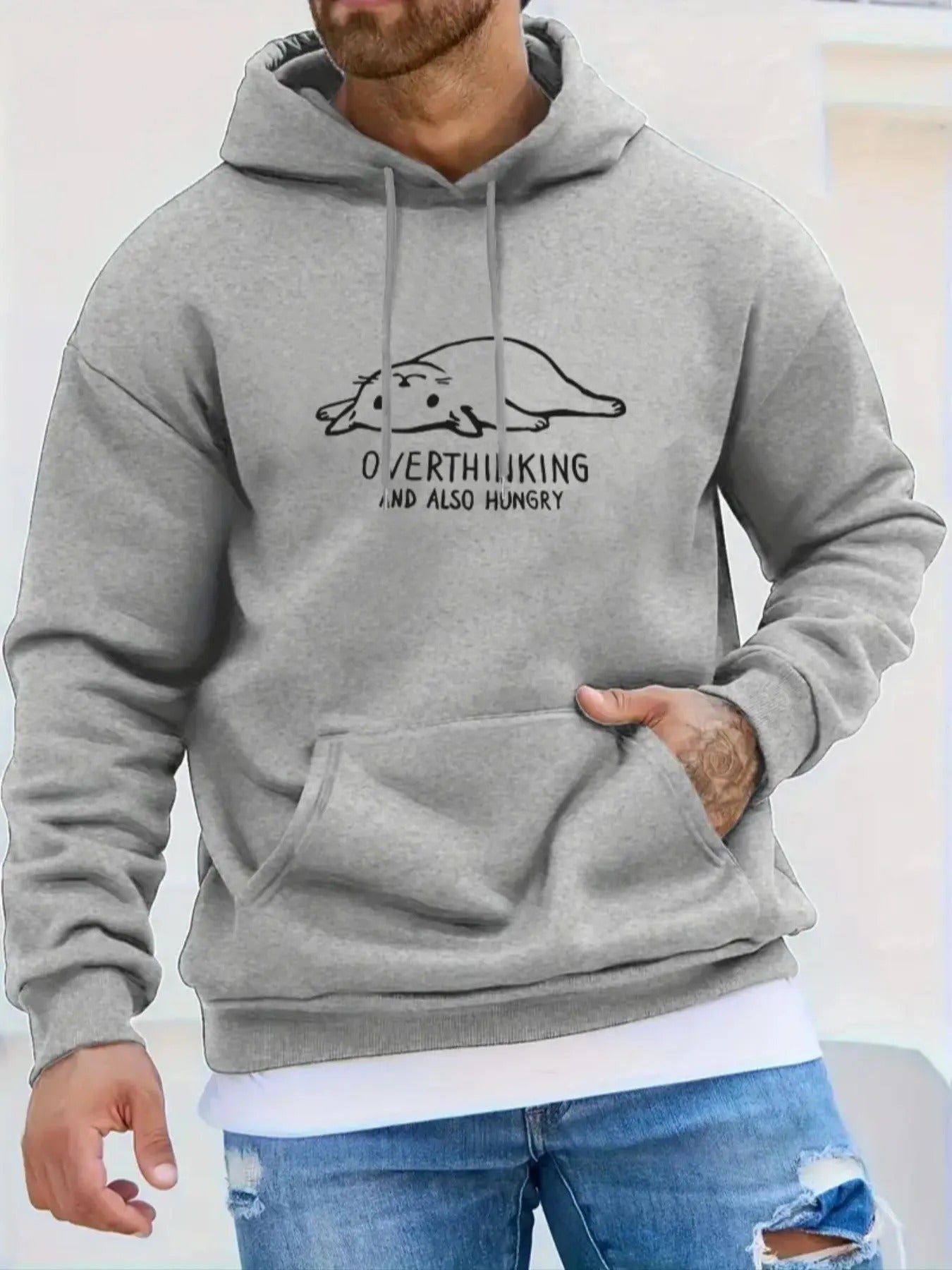Men's Cartoon Animal & Letter Print Drop Shoulder Hoodie, Fashion Casual Regular Fit Drawstring Pocket Hooded Sweatshirt...
